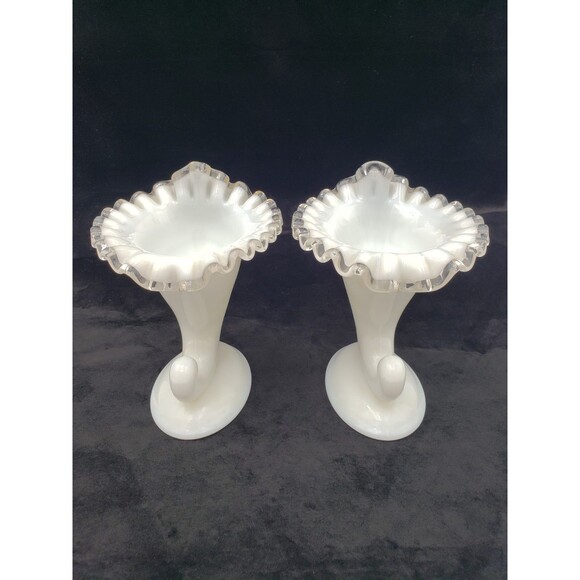 Pair Of Fenton Silver Crest Cornucopia Candleholders 1958-1970 MCM Milk Glass - Picture 2 of 11